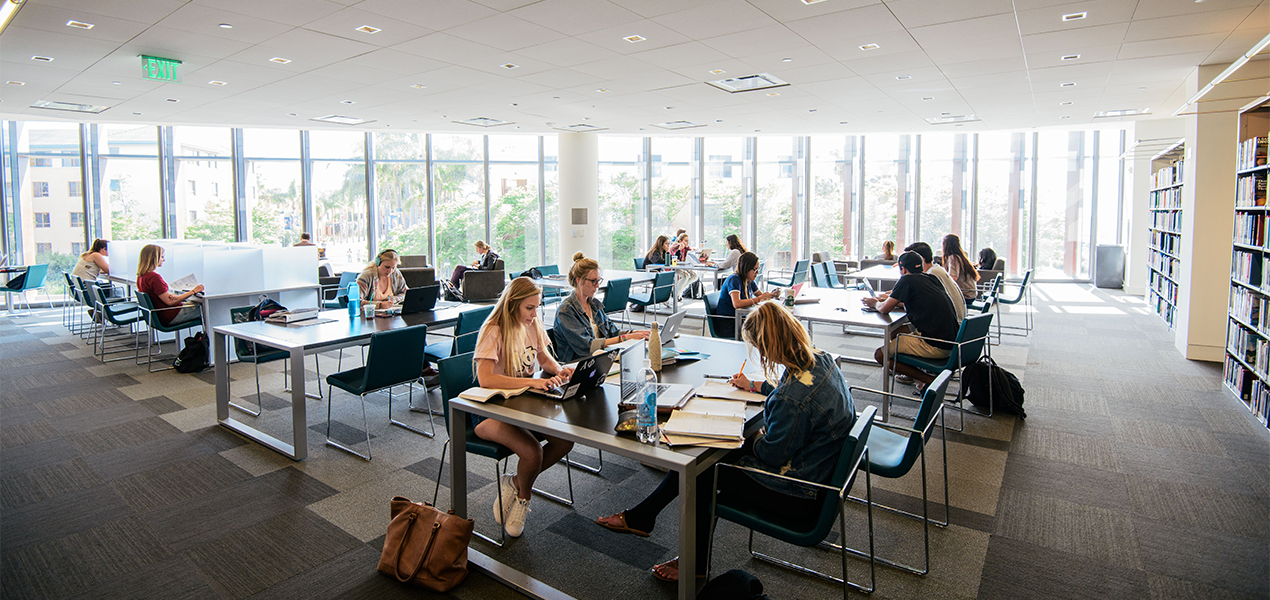 Students sitting at different tables and studying in the library.