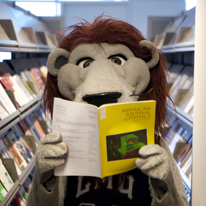 Iggy lion reading a journal in the library stacks. 